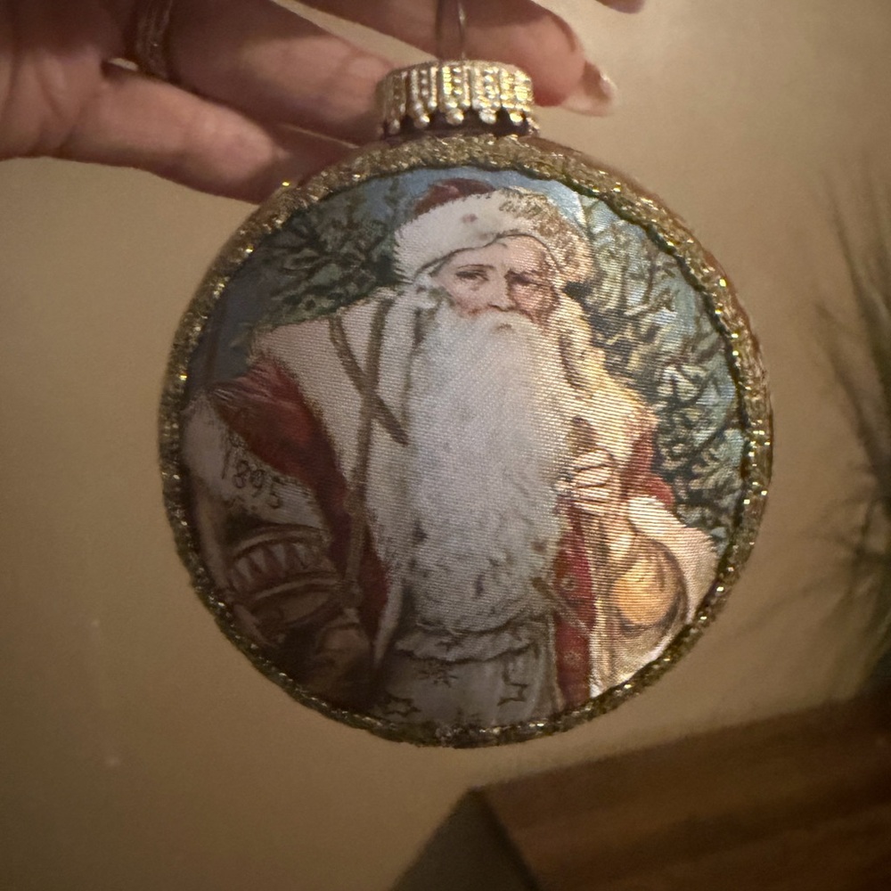 Vintage Christmas by Krebs Santa on silk ornament.